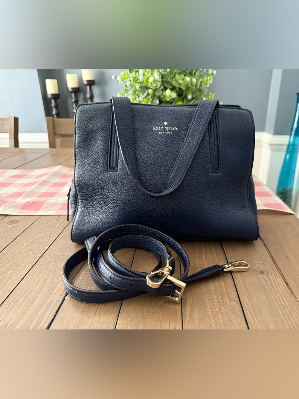 kate spade Navy Pebbled Leather Shoulder Bag with Gold Hardware
